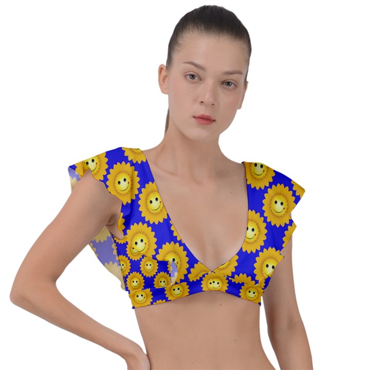 Pattern Sun-flower Plunge Frill Sleeve Bikini Top