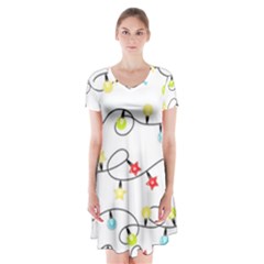 Christmas-light-bulbs-seamless-pattern-colorful-xmas-garland,white Short Sleeve V-neck Flare Dress by nate14shop