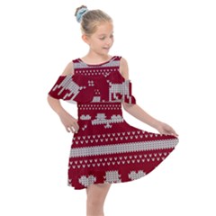 Christmas-seamless-knitted-pattern-background 001 Kids  Shoulder Cutout Chiffon Dress