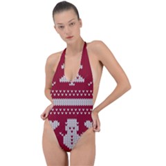 Christmas-seamless-knitted-pattern-background 001 Backless Halter One Piece Swimsuit by nate14shop