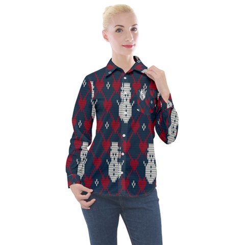 Christmas-seamless-knitted-pattern-background 002 Women s Long Sleeve Pocket Shirt by nate14shop