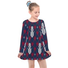 Christmas-seamless-knitted-pattern-background 004 Kids  Long Sleeve Dress by nate14shop