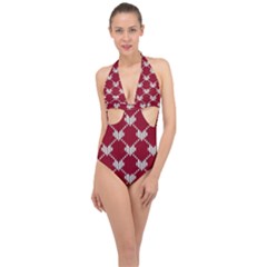 Christmas-seamless-knitted-pattern-background Halter Front Plunge Swimsuit