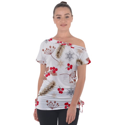 Christmas-seamless-pattern-with-fir-branches Off Shoulder Tie-up Tee by nate14shop