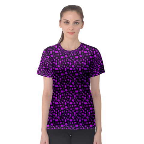 Small Bright Dayglo Purple Halloween Motifs Skulls, Spells & Cats On Spooky Black Women s Sport Mesh Tee by PodArtist