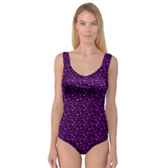 Small Bright Dayglo Purple Halloween Motifs Skulls, Spells & Cats On Spooky Black Princess Tank Leotard  by PodArtist