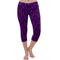 Small Bright Dayglo Purple Halloween Motifs Skulls, Spells & Cats On Spooky Black Capri Yoga Leggings by PodArtist