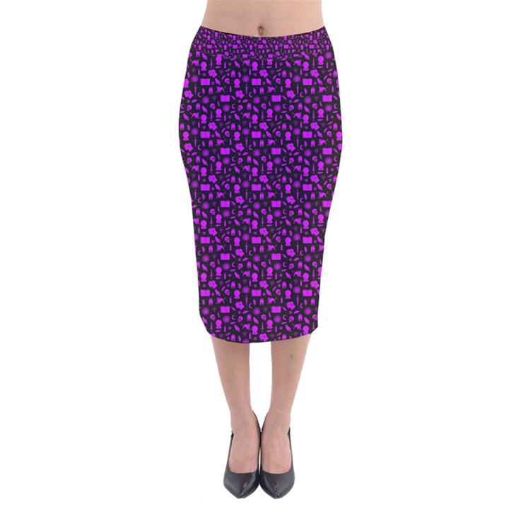 Small Bright Dayglo Purple Halloween Motifs Skulls, Spells & Cats On Spooky Black Velvet Midi Pencil Skirt