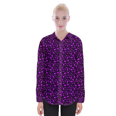 Small Bright Dayglo Purple Halloween Motifs Skulls, Spells & Cats On Spooky Black Womens Long Sleeve Shirt by PodArtist