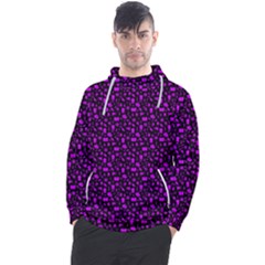 Small Bright Dayglo Purple Halloween Motifs Skulls, Spells & Cats On Spooky Black Men s Pullover Hoodie by PodArtist