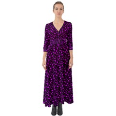 Small Bright Dayglo Purple Halloween Motifs Skulls, Spells & Cats On Spooky Black Button Up Boho Maxi Dress by PodArtist