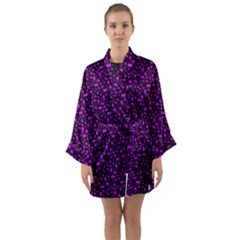 Small Bright Dayglo Purple Halloween Motifs Skulls, Spells & Cats On Spooky Black Long Sleeve Satin Kimono by PodArtist