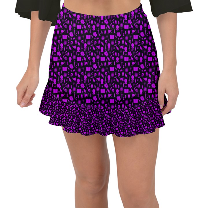 Small Bright Dayglo Purple Halloween Motifs Skulls, Spells & Cats On Spooky Black Fishtail Mini Chiffon Skirt