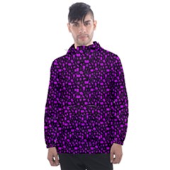 Small Bright Dayglo Purple Halloween Motifs Skulls, Spells & Cats On Spooky Black Men s Front Pocket Pullover Windbreaker by PodArtist