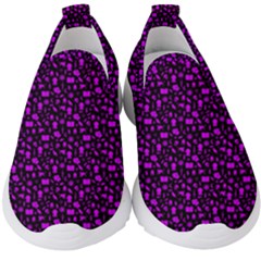 Small Bright Dayglo Purple Halloween Motifs Skulls, Spells & Cats On Spooky Black Kids  Slip On Sneakers by PodArtist