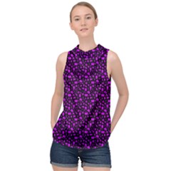 Small Bright Dayglo Purple Halloween Motifs Skulls, Spells & Cats On Spooky Black High Neck Satin Top by PodArtist