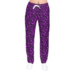 Small Bright Dayglo Purple Halloween Motifs Skulls, Spells & Cats On Spooky Black Women Velvet Drawstring Pants by PodArtist