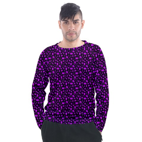 Small Bright Dayglo Purple Halloween Motifs Skulls, Spells & Cats On Spooky Black Men s Long Sleeve Raglan Tee by PodArtist