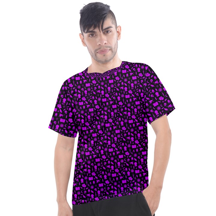 Small Bright Dayglo Purple Halloween Motifs Skulls, Spells & Cats On Spooky Black Men s Sport Top