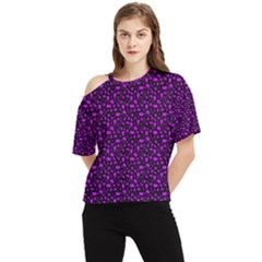 Small Bright Dayglo Purple Halloween Motifs Skulls, Spells & Cats On Spooky Black One Shoulder Cut Out Tee by PodArtist