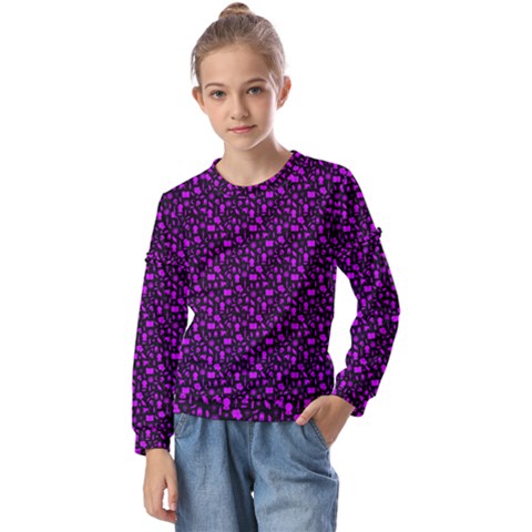 Small Bright Dayglo Purple Halloween Motifs Skulls, Spells & Cats On Spooky Black Kids  Long Sleeve Tee With Frill  by PodArtist