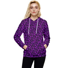 Small Bright Dayglo Purple Halloween Motifs Skulls, Spells & Cats On Spooky Black Women s Lightweight Drawstring Hoodie by PodArtist