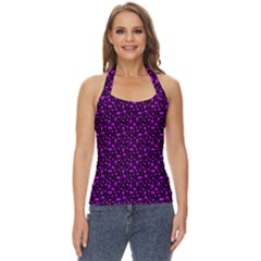 Small Bright Dayglo Purple Halloween Motifs Skulls, Spells & Cats On Spooky Black Basic Halter Top