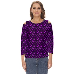 Small Bright Dayglo Purple Halloween Motifs Skulls, Spells & Cats On Spooky Black Cut Out Wide Sleeve Top