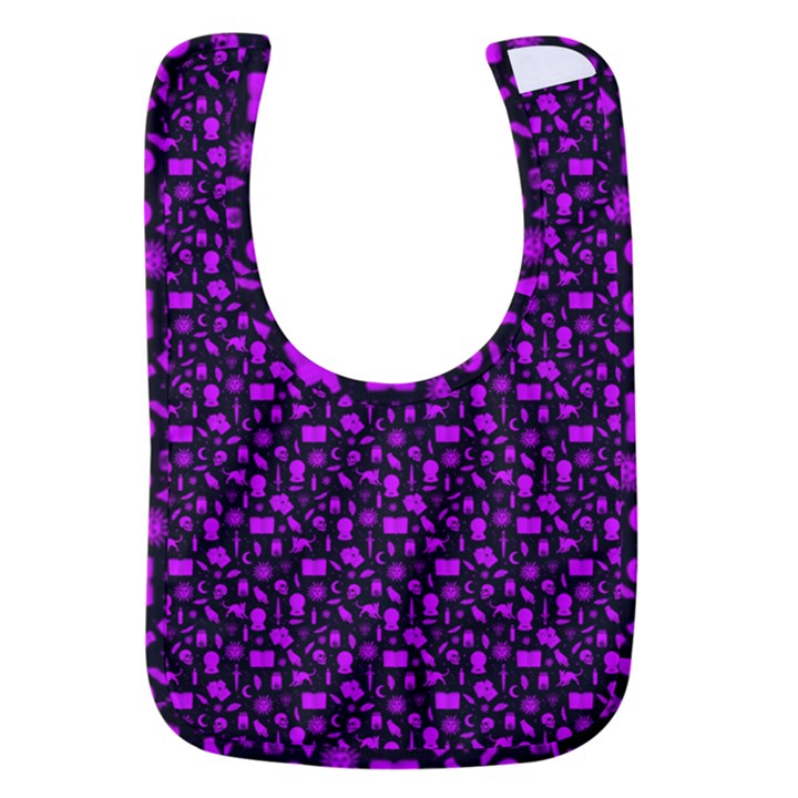 Small Bright Dayglo Purple Halloween Motifs Skulls, Spells & Cats On Spooky Black Baby Bib