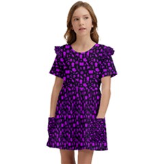 Small Bright Dayglo Purple Halloween Motifs Skulls, Spells & Cats On Spooky Black Kids  Frilly Sleeves Pocket Dress by PodArtist