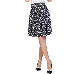 Small Bright White Halloween Motifs Skulls, Spells & Cats On Spooky Black  A-line Skirt