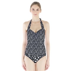 Small Bright White Halloween Motifs Skulls, Spells & Cats On Spooky Black  Halter Swimsuit