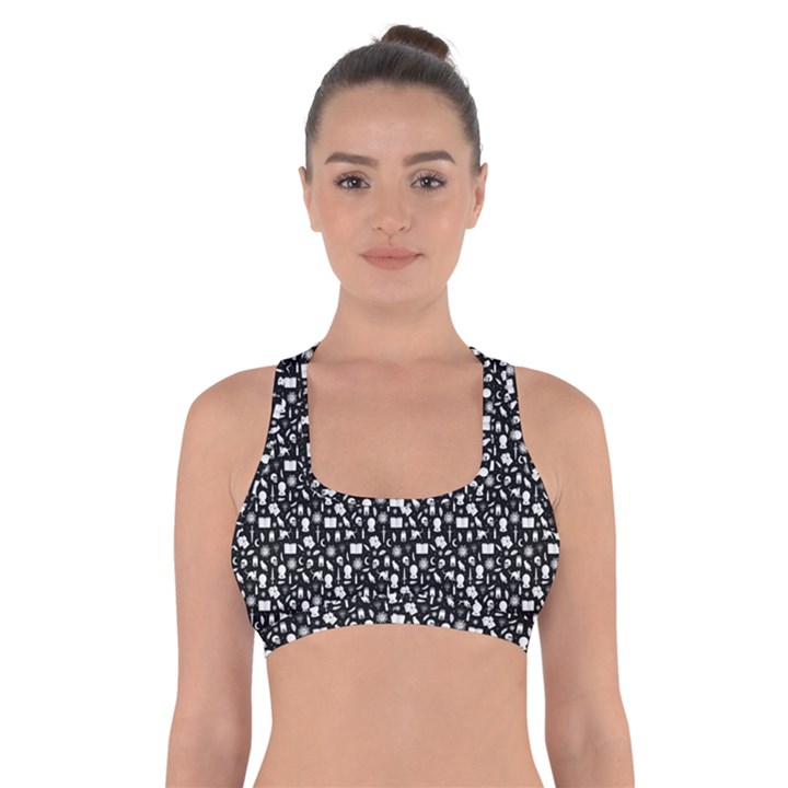 Small Bright White Halloween Motifs Skulls, Spells & Cats on Spooky Black  Cross Back Sports Bra