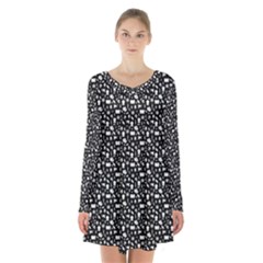 Small Bright White Halloween Motifs Skulls, Spells & Cats On Spooky Black  Long Sleeve Velvet V-neck Dress