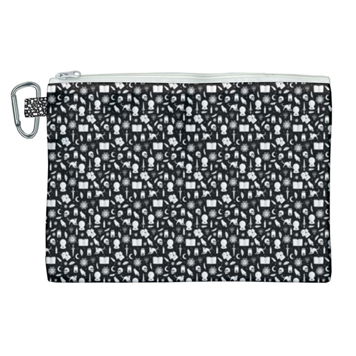 Small Bright White Halloween Motifs Skulls, Spells & Cats on Spooky Black  Canvas Cosmetic Bag (XL)