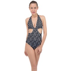 Small Bright White Halloween Motifs Skulls, Spells & Cats On Spooky Black  Halter Front Plunge Swimsuit by PodArtist