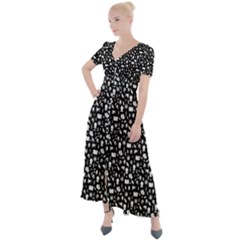 Small Bright White Halloween Motifs Skulls, Spells & Cats On Spooky Black  Button Up Short Sleeve Maxi Dress