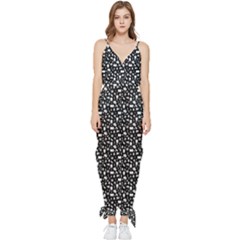 Small Bright White Halloween Motifs Skulls, Spells & Cats On Spooky Black  Sleeveless Tie Ankle Chiffon Jumpsuit