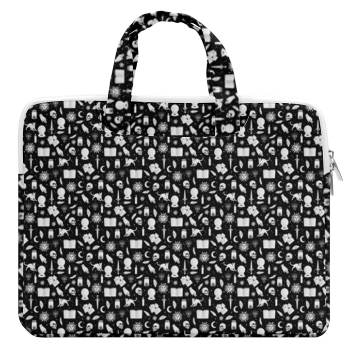 Small Bright White Halloween Motifs Skulls, Spells & Cats on Spooky Black  MacBook Pro 13  Double Pocket Laptop Bag