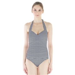 Soot Black And White Handpainted Houndstooth Check Watercolor Pattern Halter Swimsuit by PodArtist