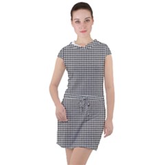 Soot Black And White Handpainted Houndstooth Check Watercolor Pattern Drawstring Hooded Dress by PodArtist