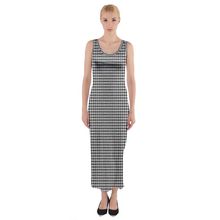 Soot Black and White Handpainted Houndstooth Check Watercolor Pattern Fitted Maxi Dress