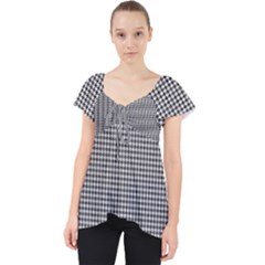 Soot Black And White Handpainted Houndstooth Check Watercolor Pattern Lace Front Dolly Top by PodArtist