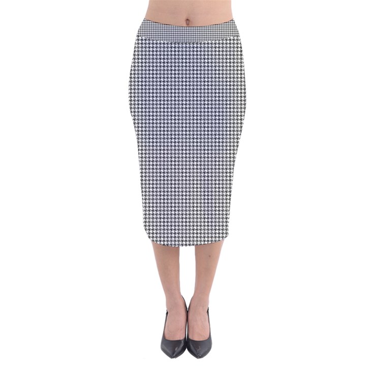 Soot Black and White Handpainted Houndstooth Check Watercolor Pattern Velvet Midi Pencil Skirt