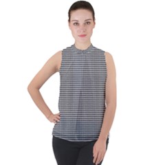 Soot Black And White Handpainted Houndstooth Check Watercolor Pattern Mock Neck Chiffon Sleeveless Top by PodArtist