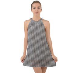 Soot Black And White Handpainted Houndstooth Check Watercolor Pattern Halter Tie Back Chiffon Dress by PodArtist