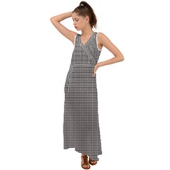 Soot Black And White Handpainted Houndstooth Check Watercolor Pattern V-neck Chiffon Maxi Dress by PodArtist