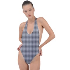 Soot Black And White Handpainted Houndstooth Check Watercolor Pattern Backless Halter One Piece Swimsuit by PodArtist