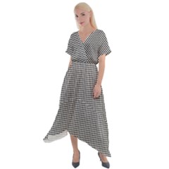 Soot Black And White Handpainted Houndstooth Check Watercolor Pattern Cross Front Sharkbite Hem Maxi Dress by PodArtist