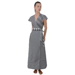 Soot Black And White Handpainted Houndstooth Check Watercolor Pattern Flutter Sleeve Maxi Dress by PodArtist